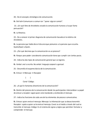 20.- De el concepto etimológico de comunicación. 
R.- Del latín Comunicare o comun-ion “ poner algo en común”. 
21.- ¿En qué libro de Aristóteles estudia la comunicación humana a la que llama 
persuasión? 
R.- La Retorica. 
22.- De a conocer el primer diagrama de comunicación basado en la retórica de 
Aristóteles. 
R.- La persona que habla dice el discurso que pronuncia a la persona que escucha. 
Quién/Qué/ a Quién. 
23.- ¿Por qué decimos que la comunicación es un proceso? 
R.- Porque para poder considerarla comunicación tiene que cumplir con ciertos pasos. 
24.- Indica los dos tipos de comunicación general que se registra. 
R.- Verbal: oral o escrita. No verbal: lenguaje corporal o gestual. 
25.- Desarrolla el esquema básico de la comunicación. 
R.- Emisor → Mensaje → Receptor 
↓ ↓ 
Canal Código. 
26.- ¿A qué le llamamos dinamismo de la comunicación? 
R.- Dentro del proceso de la comunicación donde los participantes intercambian su papel 
de emisor y receptor según quien este mandando y recibiendo el mensaje. 
27.- Indica las funciones de cada uno de los elementos de proceso comunicativo. 
R.- Emisor: quien envía el mensaje. Mensaje: la información que se desea transmitir. 
Receptor: sujeto a quien se le envía el mensaje. Canal: es el medio a través del cual se 
transmite el mensaje. Código: Es el sistema de signos y reglas que permiten formular y 
comprender el mensaje. 
 