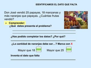 IDENTIFICAMOS EL DATO QUE FALTA
¿Qué datos presenta el problema?
 Comprender:
Don José vendió 25 papayas, 18 manzanas y
m...