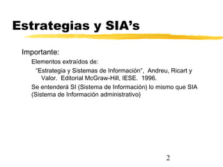 2
Estrategias y SIA’s
Importante:
Elementos extraídos de:
“Estrategia y Sistemas de Información”, Andreu, Ricart y
Valor. Editorial McGraw-Hill, IESE. 1996.
Se entenderá SI (Sistema de Información) lo mismo que SIA
(Sistema de Información administrativo)
 