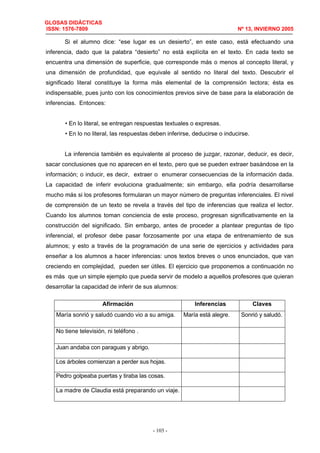 GLOSAS DIDÁCTICAS
ISSN: 1576-7809 Nº 13, INVIERNO 2005
- 103 -
Si el alumno dice: “ese lugar es un desierto”, en este caso, está efectuando una
inferencia, dado que la palabra “desierto” no está explícita en el texto. En cada texto se
encuentra una dimensión de superficie, que corresponde más o menos al concepto literal, y
una dimensión de profundidad, que equivale al sentido no literal del texto. Descubrir el
significado literal constituye la forma más elemental de la comprensión lectora; ésta es
indispensable, pues junto con los conocimientos previos sirve de base para la elaboración de
inferencias. Entonces:
• En lo literal, se entregan respuestas textuales o expresas.
• En lo no literal, las respuestas deben inferirse, deducirse o inducirse.
La inferencia también es equivalente al proceso de juzgar, razonar, deducir, es decir,
sacar conclusiones que no aparecen en el texto, pero que se pueden extraer basándose en la
información; o inducir, es decir, extraer o enumerar consecuencias de la información dada.
La capacidad de inferir evoluciona gradualmente; sin embargo, ella podría desarrollarse
mucho más si los profesores formularan un mayor número de preguntas inferenciales. El nivel
de comprensión de un texto se revela a través del tipo de inferencias que realiza el lector.
Cuando los alumnos toman conciencia de este proceso, progresan significativamente en la
construcción del significado. Sin embargo, antes de proceder a plantear preguntas de tipo
inferencial, el profesor debe pasar forzosamente por una etapa de entrenamiento de sus
alumnos; y esto a través de la programación de una serie de ejercicios y actividades para
enseñar a los alumnos a hacer inferencias: unos textos breves o unos enunciados, que van
creciendo en complejidad, pueden ser útiles. El ejercicio que proponemos a continuación no
es más que un simple ejemplo que pueda servir de modelo a aquellos profesores que quieran
desarrollar la capacidad de inferir de sus alumnos:
Afirmación Inferencias Claves
María sonrió y saludó cuando vio a su amiga. María está alegre. Sonrió y saludó.
No tiene televisión, ni teléfono .
Juan andaba con paraguas y abrigo.
Los árboles comienzan a perder sus hojas.
Pedro golpeaba puertas y tiraba las cosas.
La madre de Claudia está preparando un viaje.
 