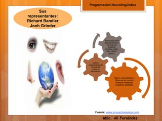 Programación Neurolingüística
Cómo vivenciamos y
filtramos el mundo
exterior mediante
nuestros sentidos
Cómo
organizamos el
mundo tal
como lo
percibimos.
El estudio de lo
que percibimos
a través de
nuestros
sentidos (vista,
oído, olfato,
gusto)
Sus
representantes:
Richard Bandler
Jonh Grinder
Fuente: www.proyectoespiga.com
MSc. Alí Fernández
 