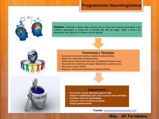 Programación Neurolingüística
Objetivo: Aprender a tener mejor dominio de un mismo de nuestras emociones y de
nuestras respuestas a través de la práctica del arte de elegir, dirigir y tener una
percepción más clara de sí mismo y de los demás.
Funciones y Técnicas
 Aumenta de manera notable y rápida la autoconfianza.
 Mejora las relaciones interpersonales.
 Desarrolla el crecimiento personal y profesional hacia el éxito.
 Nos permite convertirnos en quien deseamos y queremos ser.
 Sirve para reducir estrés.
 Negocia y soluciona conflictos de manera positiva.
Importancia
• Encontrar nuevas opciones para la vida.
• Adquirir habilidades para crear nuevas rutas mentales.
• Cambios internos perdurables.
• Conocer como funciona la menta.
• Dirigir positivamente.
Fuente: www.proyectoespiga.com
MSc. Alí Fernández
 