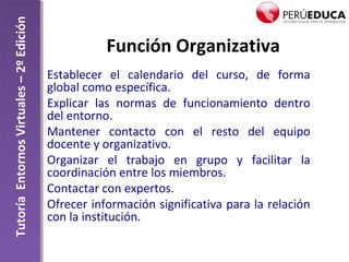 TutoríaEntornosVirtuales–2ºEdición
Función Organizativa
Establecer el calendario del curso, de forma
global como específica.
Explicar las normas de funcionamiento dentro
del entorno.
Mantener contacto con el resto del equipo
docente y organizativo.
Organizar el trabajo en grupo y facilitar la
coordinación entre los miembros.
Contactar con expertos.
Ofrecer información significativa para la relación
con la institución.
 