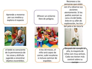 Aprende a moverse
por sus medios y
explora el espacio
Ofrecer un entorno
libre de peligros
Reconoce a las
personas que están
con él y observa sus
acciones
atentamente. Si los
padres acercan su
cara a la del bebé,
éste en su afán de
exploración, les tira
del pelo o les toca la
cara con la mano.
el bebé es consciente
de la permanencia de
las cosas y disfruta
jugando a encontrar
objetos escondidos.
A los 18 meses, el
niño será capaz de
correr, subir escaleras
e incluso caminar de
espaldas.
Después de cumplir el
año, la mayoría de
niños son muy activos.
Cada vez tienen más
control sobre su
cuerpo
 