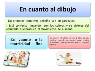 En cuanto al dibujo
- Las primeras tentativas del niño son los garabatos
- Está contento jugando con los colores y se divierte del
resultado que produce el movimiento de su mano.
En cuanto a la
motricidad fina
Se observa alrededor de los 2 años el niño
prefiere una de sus manos para realizar
actividades como garabatear, comer o agarrar
objetos.
 