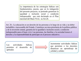 Art. 26.- La educación es un derecho de las personas a lo largo de su vida y un deber
ineludible e inexcusable del Estado. Constituye un área prioritaria de la política pública
y de la inversión estatal, garantía de la igualdad e inclusión social y condición
indispensable para el buen vivir. Las personas, las familias y la sociedad tienen el
derecho y la responsabilidad de participar en el proceso educativo.
La importancia de las estrategias lúdicas son
fundamentales, puesto, que en la indagación
del presente proyecto, se pretende garantizar la
igualdad e inclusión social y condición
indispensable que está declarado en el Plan
nacional del Buen Vivir; su Art.26.
Las actividades lúdicas
permiten el desarrollo de
aptitudes
incrementar actividades lúdicas
que permitan a los docentes
dinamizar un aprendizaje de
calidad y calidez
 