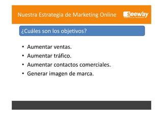 Nuestra Estrategia de Marketing Online
¿Cuáles son los objetivos?
¿Cuáles son los objetivos?
•
•
•
•

Aumentar ventas.
Aumentar tráfico.
Aumentar tráfico.
Aumentar contactos comerciales.
Generar imagen de marca.

 