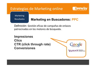 Estrategias de Marketing online
Marketing
Resultados
R lt d

Marketing en B
M k ti
Buscadores: PPC
d

Definición: Gestión eficaz de campañas de enlaces
Gestión eficaz de campañas de enlaces 
patrocinados en los motores de búsqueda.

Impresiones
Clics
CTR (click through rate)
Conversiones

Social 
S i l
Media 
Marketing
M k i

 