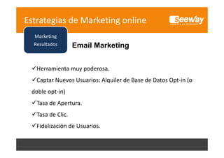 Estrategias de Marketing online
Marketing
Resultados
R lt d

Email M k ti
E il Marketing

Herramienta muy poderosa.
Captar Nuevos Usuarios: Alquiler de Base de Datos Opt‐in (o 
C t N
U
i Al il d B
d D t O ti (
doble opt‐in)
Tasa de Apertura.
Tasa de Clic.
Tasa de Clic
Fidelización de Usuarios.

Social 
S i l
Media 
Marketing
M k i

 