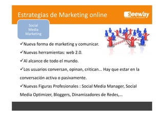 Estrategias de Marketing online
Social 
Media 
Marketing

Nueva forma de marketing y comunicar.
Nueva forma de marketing y comunicar
Nuevas herramientas: web 2.0.
Al alcance de todo el mundo.
Los usuarios conversan, opinan, critican... Hay que estar en la 
, p
,
yq
conversación activa o pasivamente.
Nuevas Figuras Profesionales : Social Media Manager, Social 
Media Optimizer, Bloggers, Dinamizadores de Redes,…

 