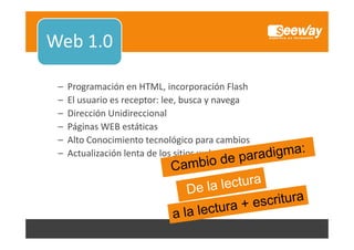 Web 1.0

Web 1.0
Web 1 0
–
–
–
–
–
–

Programación en HTML, incorporación Flash
El usuario es receptor: lee, busca y navega
l
i
l b
Dirección Unidireccional
Páginas WEB estáticas
Páginas WEB estáticas
Alto Conocimiento tecnológico para cambios
Actualización lenta de los sitios web
Actualización lenta de los sitios web

 