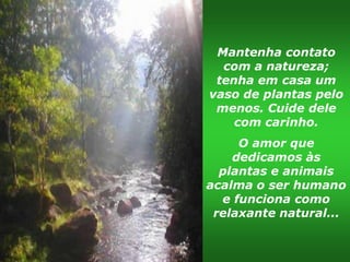 Mantenha contato
  com a natureza;
 tenha em casa um
vaso de plantas pelo
 menos. Cuide dele
    com carinho.
     O amor que
    dedicamos às
  plantas e animais
acalma o ser humano
  e funciona como
 relaxante natural...
 