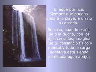 El agua purifica.
Siempre que puedas
anda a la playa, a un río
o cascada.
En casa, cuando estés,
bajo la ducha, con los
ojos cerrados, imagina
que tu cansancio físico y
mental y toda la carga
negativa está siendo
eliminada agua abajo.

 