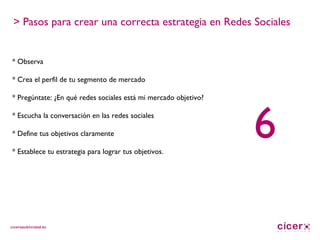 > Pasos para crear una correcta estrategia en Redes Sociales * Observa * Crea el perfil de tu segmento de mercado * Pregúntate: ¿En qué redes sociales está mi mercado objetivo? * Escucha la conversación en las redes sociales * Define tus objetivos claramente * Establece tu estrategia para lograr tus objetivos. 6 