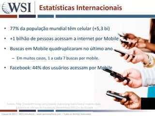 Estatísticas Internacionais

  • 77% da população mundial têm celular (+5,3 bi)
  • +1 bilhão de pessoas acessam a internet por Mobile
  • Buscas em Mobile quadruplicaram no último ano
          – Em muitos casos, 1 a cada 7 buscas por mobile.

  • Facebook: 44% dos usuários acessam por Mobile




     Fontes: http://mobithinking.com/mobile-marketing-tools/latest-mobile-stats
             Estatísticas oficiais do Facebook (Novembro/2011) e do Google

Copywrite 2011 – WSI Consultoria – www.wsiconsultoria.com – Todos os direitos reservados
 