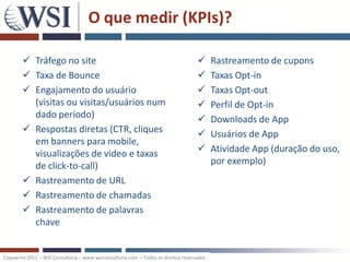 O que medir (KPIs)?

         Tráfego no site                                                                 Rastreamento de cupons
         Taxa de Bounce                                                                  Taxas Opt-in
         Engajamento do usuário                                                          Taxas Opt-out
          (visitas ou visitas/usuários num                                                Perfil de Opt-in
          dado período)                                                                   Downloads de App
         Respostas diretas (CTR, cliques                                                 Usuários de App
          em banners para mobile,
          visualizações de video e taxas                                                  Atividade App (duração do uso,
          de click-to-call)                                                                por exemplo)
         Rastreamento de URL
         Rastreamento de chamadas
         Rastreamento de palavras
          chave


Copywrite 2011 – WSI Consultoria – www.wsiconsultoria.com – Todos os direitos reservados
 