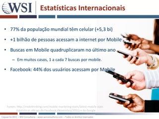 Estatísticas Internacionais

  • 77% da população mundial têm celular (+5,3 bi)
  • +1 bilhão de pessoas acessam a interne...
