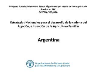 Estrategias Nacionales para el desarrollo de la cadena del Algodón, e inserción de la Agricultura Familiar 
Argentina 
Proyecto Fortalecimiento del Sector Algodonero por medio de la Cooperación Sur-Sur en ALC GCP/RLA/199/BRA  