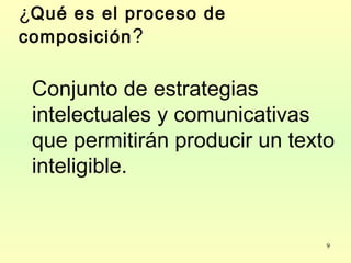 9
¿Qué es el proceso de
composición?
Conjunto de estrategias
intelectuales y comunicativas
que permitirán producir un texto
inteligible.
 