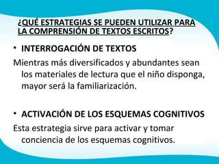 ¿QUÉ ESTRATEGIAS SE PUEDEN UTILIZAR PARA
LA COMPRENSIÓN DE TEXTOS ESCRITOS?
• INTERROGACIÓN DE TEXTOS
Mientras más diversificados y abundantes sean
los materiales de lectura que el niño disponga,
mayor será la familiarización.
• ACTIVACIÓN DE LOS ESQUEMAS COGNITIVOS
Esta estrategia sirve para activar y tomar
conciencia de los esquemas cognitivos.
 