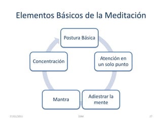 MeditaciónConsiste en adiestrar la mente y sobre todo la atención y la voluntad, de manera que podamos ponernos en marcha partiendo del nivel superficial de la conciencia y llegar a la verdadera profundidad (Eknath Easwaran). 26DSM    27/01/2011