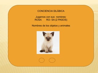 CONCIENCIA SILÁBICA
Jugamos con sus nombres:
ROSA RO- SA (2 PASOS)
Nombres de los objetos y animales
 