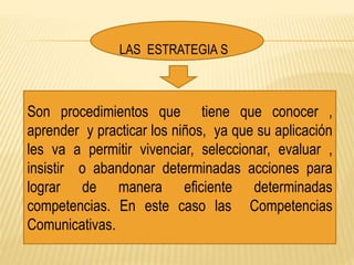 LAS ESTRATEGIA S
Son procedimientos que tiene que conocer ,
aprender y practicar los niños, ya que su aplicación
les va a permitir vivenciar, seleccionar, evaluar ,
insistir o abandonar determinadas acciones para
lograr de manera eficiente determinadas
competencias. En este caso las Competencias
Comunicativas.
 