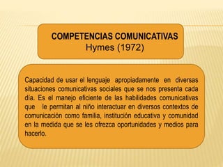  COMPETENCIAS COMUNICATIVAS
 Hymes (1972)
Capacidad de usar el lenguaje apropiadamente en diversas
situaciones comunicativas sociales que se nos presenta cada
día. Es el manejo eficiente de las habilidades comunicativas
que le permitan al niño interactuar en diversos contextos de
comunicación como familia, institución educativa y comunidad
en la medida que se les ofrezca oportunidades y medios para
hacerlo.
 