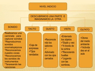 NIVEL INDICIO
DESCUBRIMOS UNA PARTE E
IMAGINAMOS LA OTRA
SONIDO
TACTO GUSTO VISTA OLFATO
Realizamos una
caminata para
capturar sonidos
*Reproducimos
sonidos
onomatopéyicos
*Reconocemos
nuestra voces
*Reconocemos
los sonidos de
instrumentos
*Tarareando las
canciones
•Caja de
sorpresas
•*Ojos
vendados
•Reconocie
ndo los
sabores
•*
Adivinado
con los ojos
cerrados
•Enterrado
los objetos
•*Soplo y veo
•*A través de
la cortina
•*Recociendo
huellas
•*Jugando
con las
sombras,
•Olores
del medio
ambiente
•*Activida
des en el
aula
 