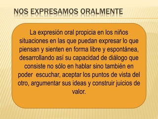 NOS EXPRESAMOS ORALMENTE
La expresión oral propicia en los niños
situaciones en las que puedan expresar lo que
piensan y sienten en forma libre y espontánea,
desarrollando así su capacidad de diálogo que
consiste no sólo en hablar sino también en
poder escuchar, aceptar los puntos de vista del
otro, argumentar sus ideas y construir juicios de
valor.
 