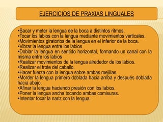 EJERCICIOS DE PRAXIAS LINGUALES
•Sacar y meter la lengua de la boca a distintos ritmos.
•Tocar los labios con la lengua mediante movimientos verticales.
•Movimientos giratorios de la lengua en el inferior de la boca.
•Vibrar la lengua entre los labios
•Doblar la lengua en sentido horizontal, formando un canal con la
misma entre los labios
•Realizar movimientos de la lengua alrededor de los labios.
•Realizar el trote del caballo.
•Hacer fuerza con la lengua sobre ambas mejillas.
•Morder la lengua primero doblada hacia arriba y después doblada
hacia abajo.
•Afinar la lengua haciendo presión con los labios.
•Poner la lengua ancha tocando ambas comisuras.
•Intentar tocar la nariz con la lengua.
 