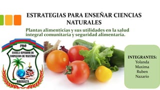 ESTRATEGIAS PARA ENSEÑAR CIENCIAS
NATURALES
Plantas alimenticias y sus utilidades en la salud
integral comunitaria y seguridad alimentaria.
INTEGRANTES:
Yolanda
Maxima
Ruben
Nazario
 