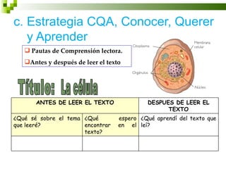 c. Estrategia CQA, Conocer, Querer
   y Aprender
    Pautas de Comprensión lectora.
   Antes y después de leer el texto.




       ANTES DE LEER EL TEXTO               DESPUES DE LEER EL
                                                  TEXTO
¿Qué sé sobre el tema ¿Qué         espero ¿Qué aprendí del texto que
que leeré?            encontrar    en el leí?
                      texto?
 