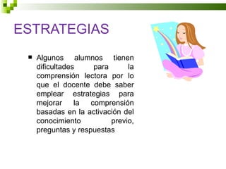 ESTRATEGIAS
    Algunos alumnos tienen
     dificultades     para      la
     comprensión lectora por lo
     que el docente debe saber
     emplear estrategias para
     mejorar     la  comprensión
     basadas en la activación del
     conocimiento          previo,
     preguntas y respuestas
 
