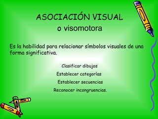ASOCIACIÓN VISUAL  o v isomotora   Es la habilidad para relacionar símbolos visuales de una forma significativa.   Clasifi...
