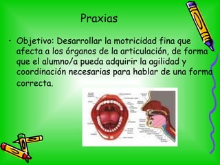 Praxias
• Objetivo: Desarrollar la motricidad fina que
afecta a los órganos de la articulación, de forma
que el alumno/a pueda adquirir la agilidad y
coordinación necesarias para hablar de una forma
correcta.
 