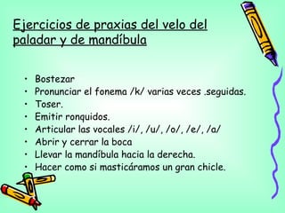 Ejercicios de praxias del velo del
paladar y de mandíbula
• Bostezar
• Pronunciar el fonema /k/ varias veces .seguidas.
• Toser.
• Emitir ronquidos.
• Articular las vocales /i/, /u/, /o/, /e/, /a/
• Abrir y cerrar la boca
• Llevar la mandíbula hacia la derecha.
• Hacer como si masticáramos un gran chicle.
 