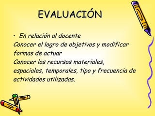 EVALUACIÓNEVALUACIÓN
• En relación al docente
Conocer el logro de objetivos y modificar
formas de actuar
Conocer los recursos materiales,
espaciales, temporales, tipo y frecuencia de
actividades utilizadas.
 