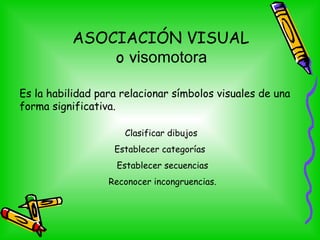 ASOCIACIÓN VISUAL
o visomotora
Es la habilidad para relacionar símbolos visuales de una
forma significativa.
Clasificar dibujos
Establecer categorías
Establecer secuencias
Reconocer incongruencias.
 