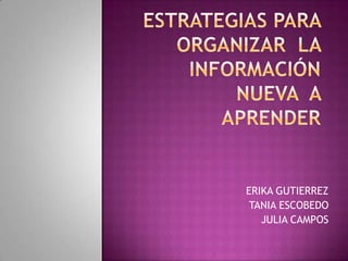 ESTRATEGIAS PARA ORGANIZAR  LA Información nueva  a  aprender ERIKA GUTIERREZ TANIA ESCOBEDO JULIA CAMPOS 