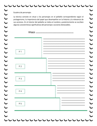 Escalera de personajes

La técnica consiste en situar a los personajes en el peldaño correspondiente según el
protagonismo, la importancia del papel que desempeñan en la historia y la relevancia de
sus acciones. En el interior del peldaño se indica el nombre y posteriormente se escriben
algunas características significativas del personaje o acciones destacables.
 
