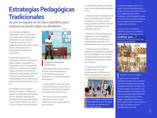 Los estudiantes estudian el contenido
de los cursos teóricos antes de asistir a
clases.
- Estudio individual o investigativo: Se
le da al estudiante la oportunidad de
investigar por su propia cuenta el
tema, presentar un informe al docente
y compartir sus hallazgos con los
compañeros de clase.
- Debates: Los estudiantes presentan
argumentos y contra-argumentos
sobre un tema en particular en un
ambiente libre y ordenado con el
objetivo de aprender y avanzar juntos.
- Trabajo en grupo: Se organizan
equipos de estudiantes para satisfacer
una tarea pedagógica, cada miembro
del grupo tendrá una tarea y deberá
participar con el grupo para cumplir
con el objetivo.
- Círculos de estudio: Grupo de
estudiantes que se reúnen
regularmente para hablar sobre un
libro o una asignatura en particular.
El término academia, viene de un
jardín o parque en las afueras de la
antigua Atenas, cuyo nombre honraba
a un antiguo héroe de nombre
Academos. La idea de aquella escuela
era la de formar a las élites atenienses
para que gobernaran la ciudad de
manera sabia y prudente.
Mientras tanto, la escuela de
Aristóteles, quizás más científica y
menos política, se llamaba el Liceo.
8
EstrategiasPedagógicas
Tradicionales
Su uso arraigado no las hace infalibles, pero
tampoco se puede negar sus bondades.
El lugar en que se reunían los
seguidores de Epicuro era un jardín o
huerto más modesto. Otras escuelas
enseñaban en la calle, en el ágora: los
llamados sofistas; o los estoicos, que
deben su nombre efectivamente a las
estoas, los grandes soportales de los
espacios públicos de las ciudades
griegas y helenísticas. Diógenes, el
cínico, sabemos que vivía en la calle, en
un tonel o un tinajón, como un
mendigo, medio desnudo.
Academos, el Liceo y el Ágora
Las estrategias tradicionales
dependiendo lo que se desee
y sin caer en abusos, son
grandes aliadas.
¿Sabías que…?
Tomado de PhD. José Pérez de Lama
(Universidad de Sevilla)
Las estrategias pedagógicas
tradicionales centran su atención en
las áreas del saber, el dominio de la
información, buscan reconocer
conductas observables en los
estudiantes, bajo la plena dirección del
docente. Este último, bajo la
concepción de transmisor del
conocimiento.
La principal ventaja de estas
estrategias redunda en la atención de
grupos amplios, y que pueden ser
extrapoladas a otros con condiciones
similares, no requieren por lo general
una gran inversión en recursos. Sin
embargo, son poco flexibles, al esperar
conductas específicas perjudica la
individualidad, y obvia la influencia de
factores psicosociales en el proceso de
E-A.
Sin embargo, su uso arraigado y
ventajas no las hacen infalibles, pero
tampoco se puede negar sus bondades.
En esta redacción creemos que las
estrategias tradicionales dependiendo
lo que se desee alcanzar y sin caer en
la rutina y abusos, son grandes aliadas.
- Clases magistrales: Técnica didáctica
en la que el docente transmite su
conocimiento de manera oral
recibiendo los estudiantes el método
de enseñanza.
- Lección común: En la lección común
se plantea un tema y se espera que los
estudiantes respondan las preguntas
que el docente les hace en el aula.
- Los cursos teóricos: Este método
consta de una serie de clases
magistrales que son programadas con
los estudiantes.
Ejemplos de Estrategias
Tradicionales
Virginia
 