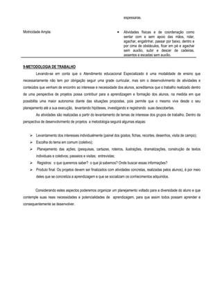 espessaras. 
Motricidade Ampla: • Atividades físicas e de coordenação como 
sentar com e sem apoio das mãos, rolar, 
agachar, engatinhar, passar por baixo, dentro e 
por cima de obstáculos, ficar em pé e agachar 
sem auxílio, subir e descer de cadeiras, 
assentos e escadas sem auxílio. 
9-METODOLOGIA DE TRABALHO 
Levando-se em conta que o Atendimento educacional Especializado é uma modalidade de ensino que 
necessariamente não tem por obrigação seguir uma grade curricular, mas sim o desenvolvimento de atividades e 
conteúdos que venham de encontro ao interesse e necessidade dos alunos, acreditamos que o trabalho realizado dentro 
de uma perspectiva de projetos possa contribuir para a aprendizagem e formação dos alunos, na medida em que 
possibilita uma maior autonomia diante das situações propostas, pois permite que o mesmo viva desde o seu 
planejamento até a sua execução, levantando hipóteses, investigando e registrando suas descobertas. 
As atividades são realizadas a partir do levantamento de temas de interesse dos grupos de trabalho. Dentro da 
perspectiva de desenvolvimento de projetos a metodologia seguirá algumas etapas: 
 Levantamento dos interesses individualmente (painel dos gostos, fichas, recortes, desenhos, visita de campo); 
 Escolha do tema em comum (coletivo); 
 Planejamento das ações; (pesquisas, cartazes, roteiros, ilustrações, dramatizações, construção de textos 
individuais e coletivos; passeios e visitas; entrevistas; 
 Registros: o que queremos saber? o que já sabemos? Onde buscar essas informações? 
 Produto final: Os projetos devem ser finalizados com atividades concretas, realizadas pelos alunos), é por meio 
deles que se concretiza a aprendizagem e que se socializam os conhecimentos adquiridos. 
Considerando estes aspectos poderemos organizar um planejamento voltado para a diversidade do aluno e que 
contemple suas reais necessidades e potencialidades de aprendizagem, para que assim todos possam aprender e 
consequentemente se desenvolver. 
 