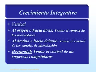 Crecimiento Integrativo
• Vertical
• Al origen o hacia atrás: Tomar el control de
los proveedores

• Al destino o hacia delante: Tomar el control
de los canales de distribución

• Horizontal: Tomar el control de las
empresas competidoras
Samuel Ñanco S Ingeniero Comercial MBA

 