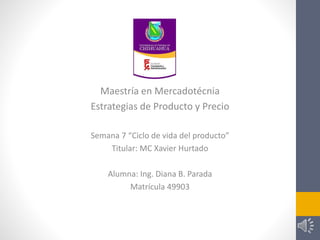 Maestría en Mercadotécnia
Estrategias de Producto y Precio
Semana 7 “Ciclo de vida del producto”
Titular: MC Xavier Hurtado
Alumna: Ing. Diana B. Parada
Matrícula 49903
 