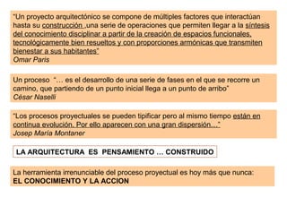 Un proceso “… es el desarrollo de una serie de fases en el que se recorre un
camino, que partiendo de un punto inicial llega a un punto de arribo”
César Naselli
“Un proyecto arquitectónico se compone de múltiples factores que interactúan
hasta su construcción ,una serie de operaciones que permiten llegar a la síntesis
del conocimiento disciplinar a partir de la creación de espacios funcionales,
tecnológicamente bien resueltos y con proporciones armónicas que transmiten
bienestar a sus habitantes”
Omar Paris
“Los procesos proyectuales se pueden tipificar pero al mismo tiempo están en
continua evolución. Por ello aparecen con una gran dispersión…”
Josep María Montaner
LA ARQUITECTURA ES PENSAMIENTO … CONSTRUIDO
La herramienta irrenunciable del proceso proyectual es hoy más que nunca:
EL CONOCIMIENTO Y LA ACCION
 