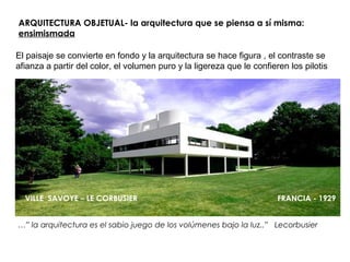 ARQUITECTURA OBJETUAL- la arquitectura que se piensa a sí misma:
ensimismada
VILLE SAVOYE – LE CORBUSIER FRANCIA - 1929
El paisaje se convierte en fondo y la arquitectura se hace figura , el contraste se
afianza a partir del color, el volumen puro y la ligereza que le confieren los pilotis
…” la arquitectura es el sabio juego de los volúmenes bajo la luz..” Lecorbusier
 