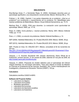 56
BIBLIOGRAFÍA
Díaz-Barriga Arceo, F. y Hernández Rojas, G. (2002). Estrategias docentes para un
aprendizaje significativo, una interpretación constructivista. México: McGraw-Hill, p. 175.
Fridman, L. M. (1995). Capítulo 1 Las partes integrantes de un problema. ¿Qué es un
problema? Las condiciones y requerimientos de un problema. En: Metodología para
resolver problemas de Matemáticas. México: Grupo Editorial Iberoamérica, pp. 13-14.
Martínez Rizo, F. (2005). PISA para docentes. La evaluación como oportunidad de
aprendizaje. México: INEE, pp. 17-18.
Polya, G. (1965). Como plantear y resolver problemas. Reimp. 2001, México: Editorial
Trillas, pp. 17-19.
Pozo, J. I. (1994). La solución de problemas. Madrid: Editorial Santillana, p, 12.
SEP (2009). Habilidad Matemática. En: Prueba ENLACE 2009. México: SEMS, 38 pp.
SEP (2010). Habilidad Matemática. En: Prueba ENLACE 2010. México: SEMS, 38 pp.
SEP. Prueba en línea. En: ENLACE 2011. México, consultado el 02 de noviembre de
2011en:
http://201.175.44.206/ENLACE/Resultados2011/MediaSuperior2011Examenes/r11Exa
menMediaSuperiorPreguntas.asp#ParteSuperior
Vázquez, J. E. Acuerdo Secretarial 444, [versión electrónica]. Diario Oficial de la
Federación, primera sección, 21 de octubre de 2008, obtenido el 5 de julio de 2009, de
http://cosdac.sems.gob.mx/reforma.php
Vázquez, A. (2003). Propuesta de modelo didáctico para el aprendizaje del Cálculo
Integral diseñado con tecnología informática. Tesis para obtener el Grado de Maestro
en Ciencias en Enseñanza de las Ciencias. Querétaro, Qro. Centro Interdisciplinario de
Investigación y Docencia en Educación Técnica (CIIDET), 103 pp.
Calculadora
Calculadora científica CASIO fx-82ES
Software del Proyecto Galileo
 Laboratorio de Álgebra
 Laboratorio de Euclides
 Modelador geométrico
 Laboratorio de funciones
 Laboratorio de Geometría analítica
 Laboratorio de Estadística
 