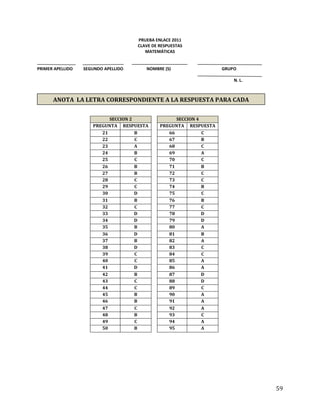 59
PRUEBA ENLACE 2011
CLAVE DE RESPUESTAS
MATEMÁTICAS
PRIMER APELLIDO SEGUNDO APELLIDO NOMBRE (S) GRUPO
N. L.
SECCION 2 SECCION 4
PREGUNTA RESPUESTA PREGUNTA RESPUESTA
21 B 66 C
22 C 67 B
23 A 68 C
24 B 69 A
25 C 70 C
26 B 71 B
27 B 72 C
28 C 73 C
29 C 74 B
30 D 75 C
31 B 76 B
32 C 77 C
33 D 78 D
34 D 79 D
35 B 80 A
36 D 81 B
37 B 82 A
38 D 83 C
39 C 84 C
40 C 85 A
41 D 86 A
42 B 87 D
43 C 88 D
44 C 89 C
45 B 90 A
46 B 91 A
47 C 92 A
48 B 93 C
49 C 94 A
50 B 95 A
ANOTA LA LETRA CORRESPONDIENTE A LA RESPUESTA PARA CADA
PREGUNTA
 