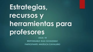 Estrategias, 
recursos y 
herramientas para 
profesores 
AULA: 18 
RESPONSABLE: ELSA CAVAIGNAC 
PARTICIPANTE: ANGÉLICA CAVALLERO 
 